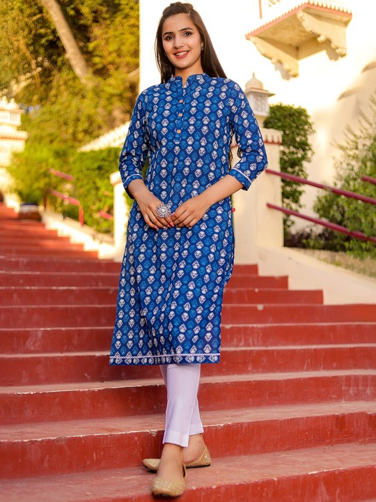 Ethnic Motifs Printed Mandarin Collar Cotton Straight Kurta