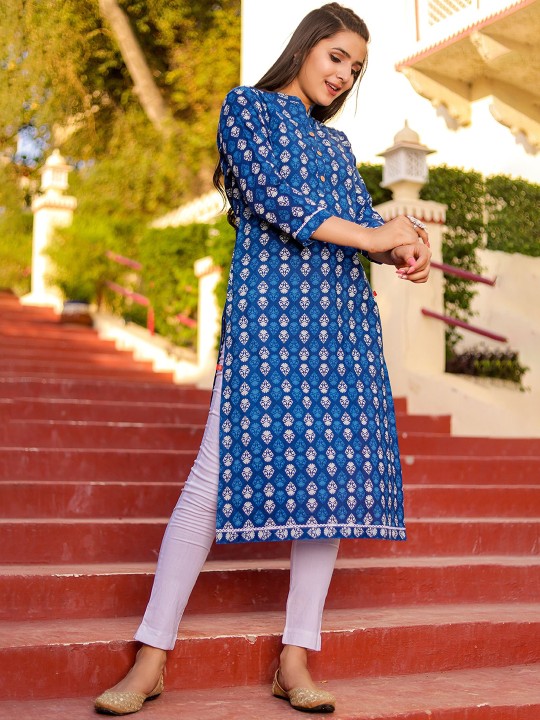Ethnic Motifs Printed Mandarin Collar Cotton Straight Kurta
