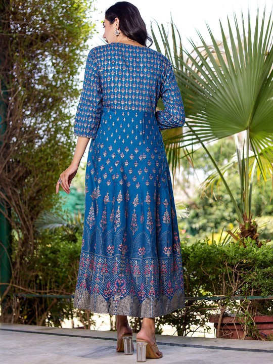 Rayon Khadi Printed Flared Maxi Ethnic Dress