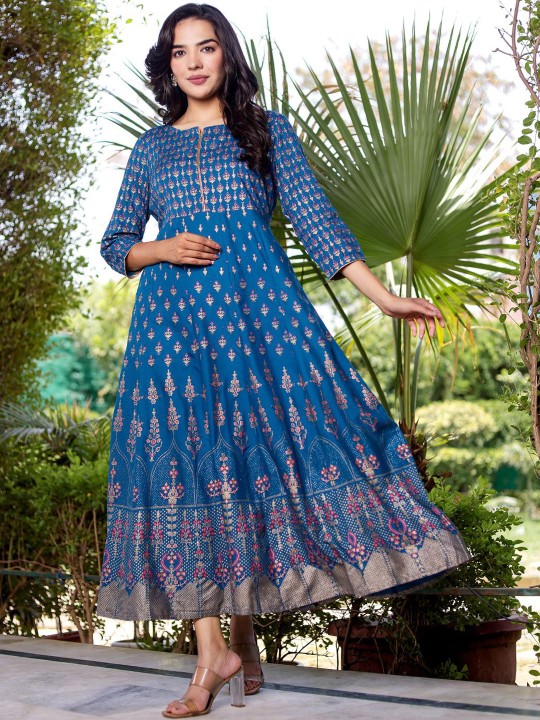 Rayon Khadi Printed Flared Maxi Ethnic Dress