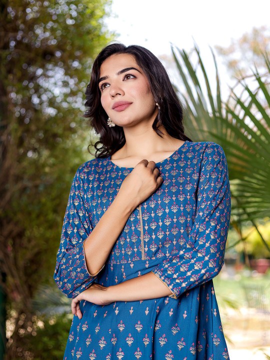 Rayon Khadi Printed Flared Maxi Ethnic Dress