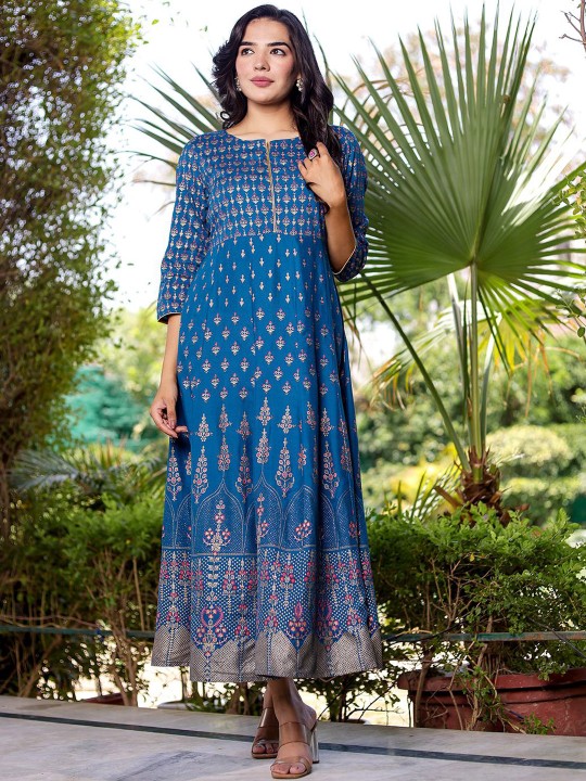 Rayon Khadi Printed Flared Maxi Ethnic Dress