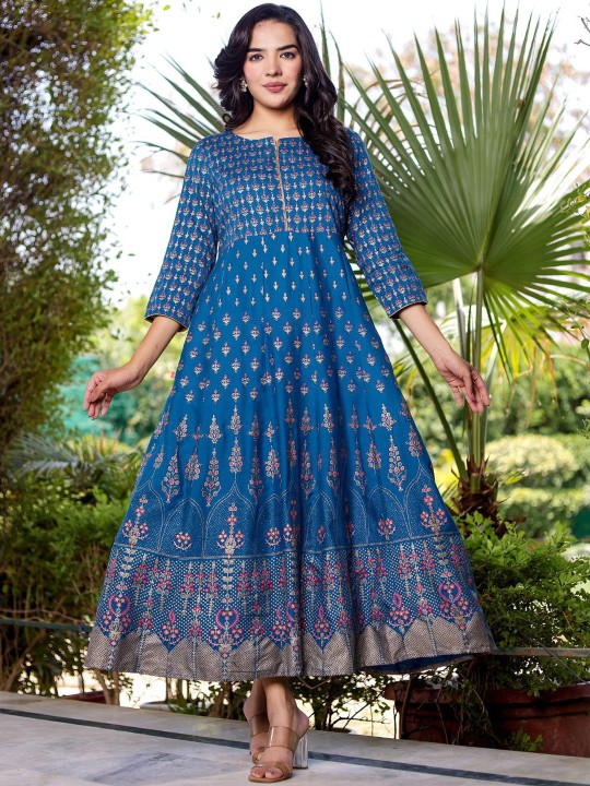 Rayon Khadi Printed Flared Maxi Ethnic Dress