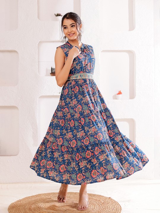 Rayon Women Ethnic Motifs Printed Tiered Fit & Flare Midi Dress