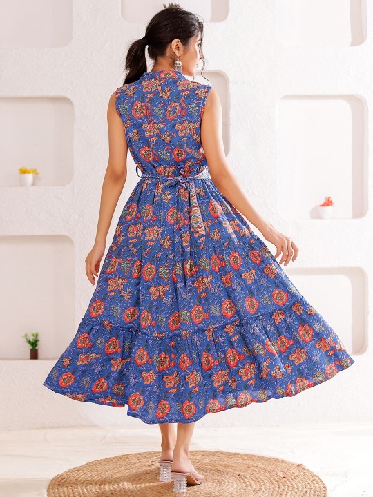 Rayon Women Ethnic Motifs Printed Tiered Fit & Flare Midi Dress