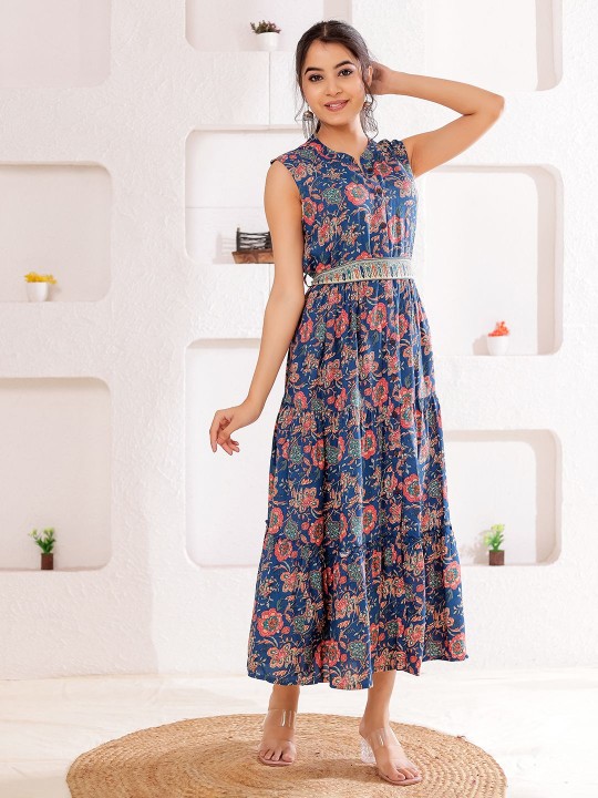 Rayon Women Ethnic Motifs Printed Tiered Fit & Flare Midi Dress