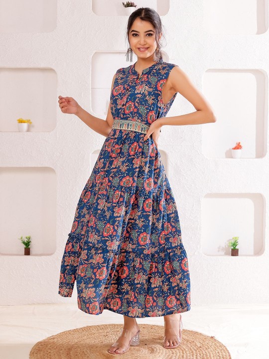 Rayon Women Ethnic Motifs Printed Tiered Fit & Flare Midi Dress