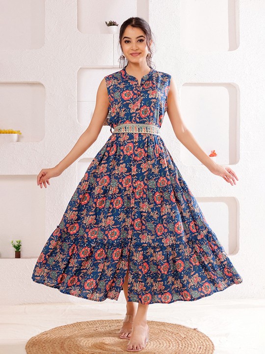 Rayon Women Ethnic Motifs Printed Tiered Fit & Flare Midi Dress