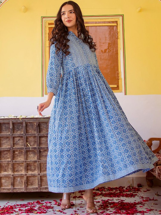 Cotton Printed A-Line Maxi Ethnic Dress