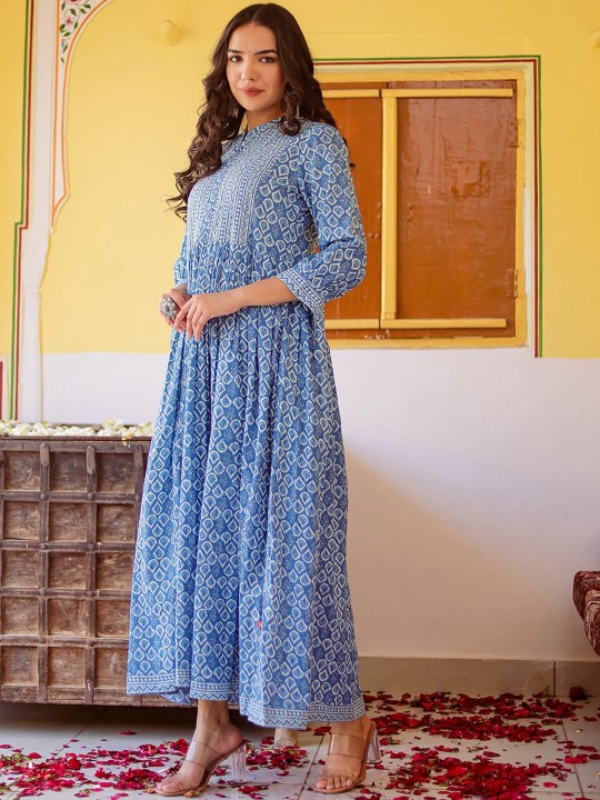 Cotton Printed A-Line Maxi Ethnic Dress Hover