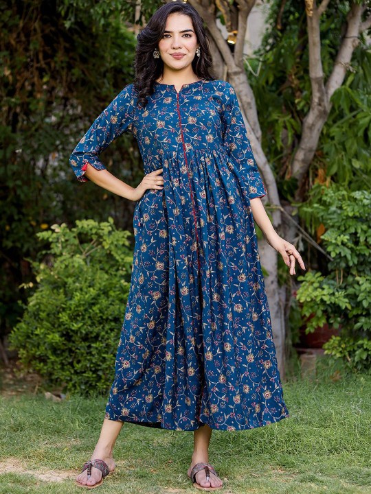 Muslin Printed Ethnic Maxi Flared Dress