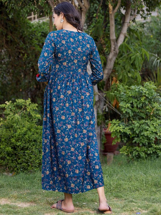 Muslin Printed Ethnic Maxi Flared Dress