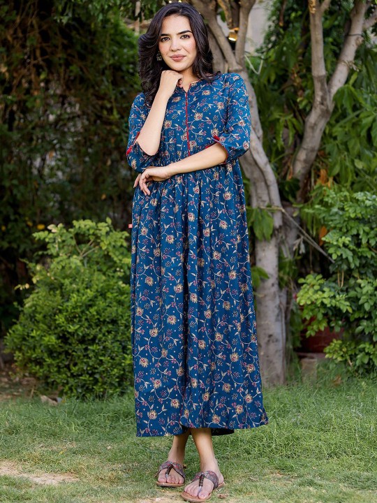 Muslin Printed Ethnic Maxi Flared Dress