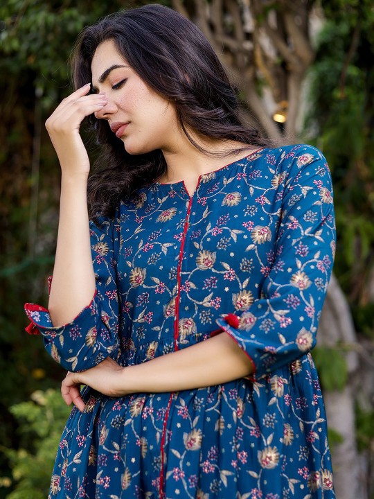 Muslin Printed Ethnic Maxi Flared Dress