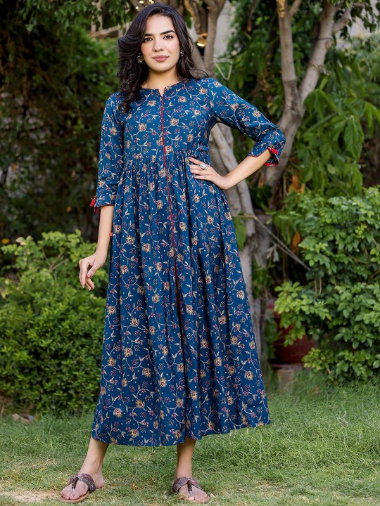 Muslin Printed Ethnic Maxi Flared Dress