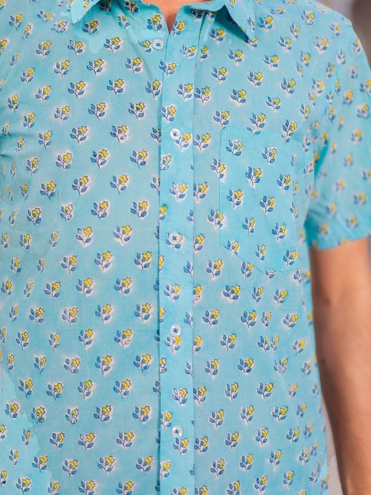 Men Classic Spread Collar Floral Printed Cotton Slim Fit Casual Shirt