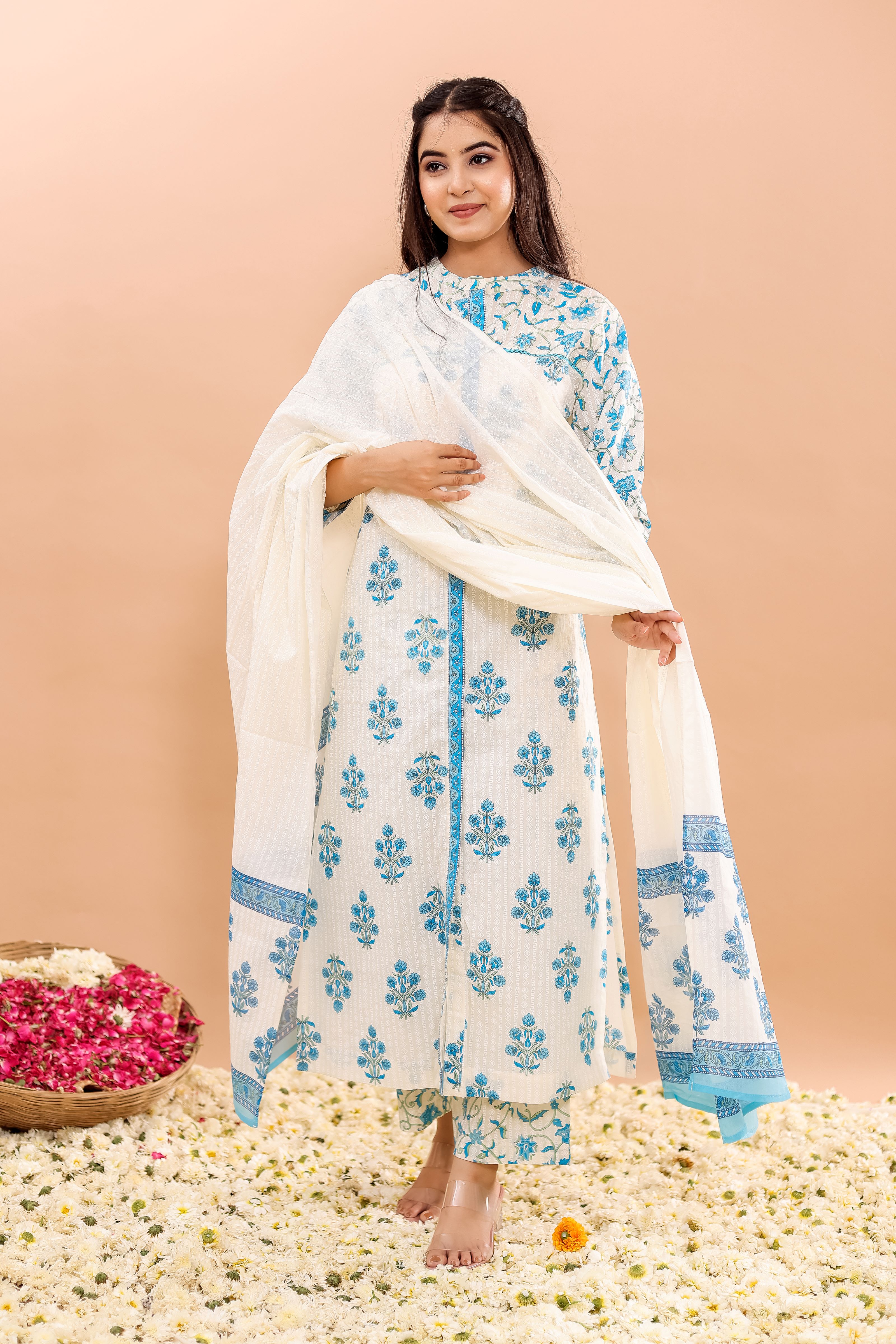 Cotton Printed Straight Kurta, Pant With Dupatta