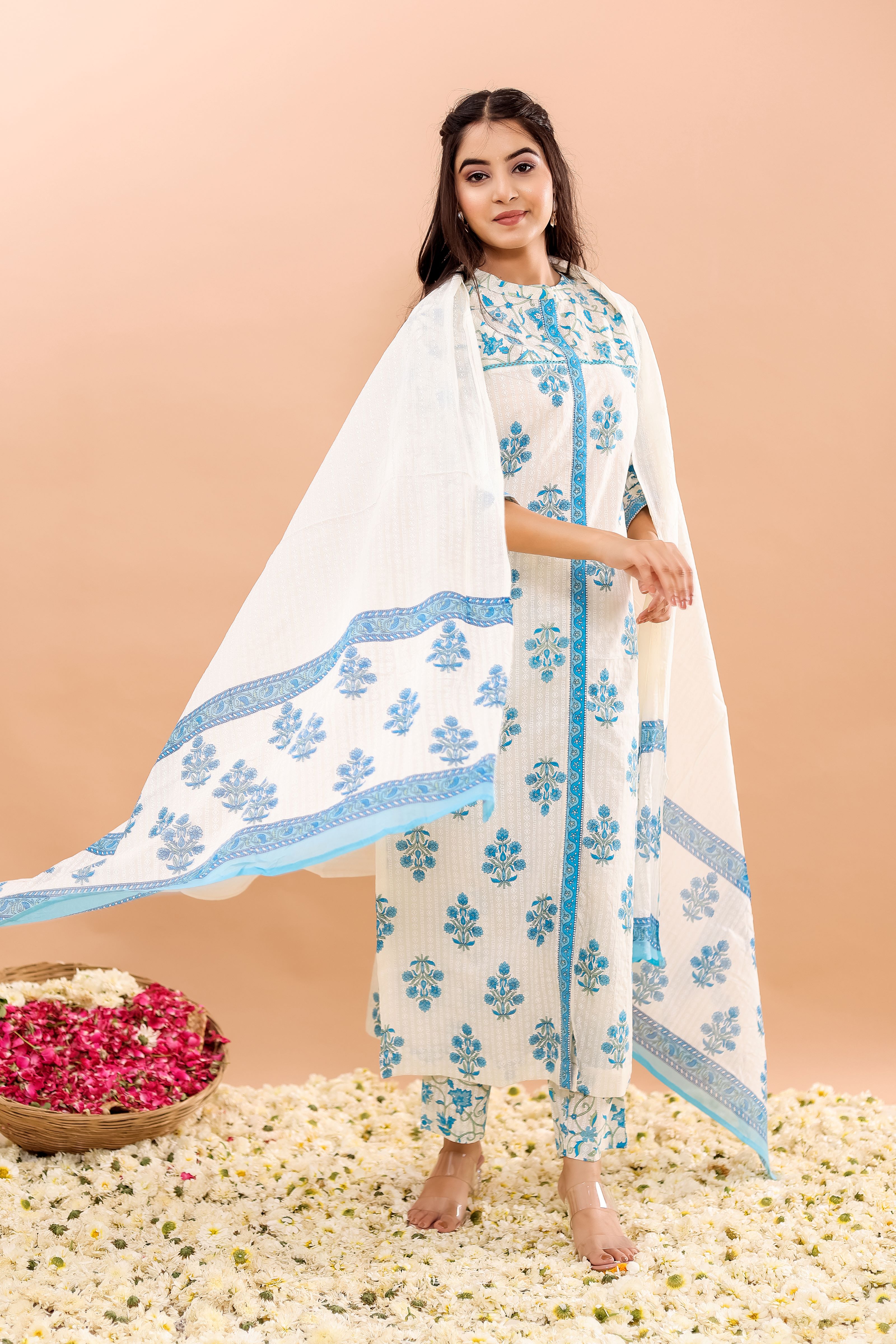 Cotton Printed Straight Kurta, Pant With Dupatta