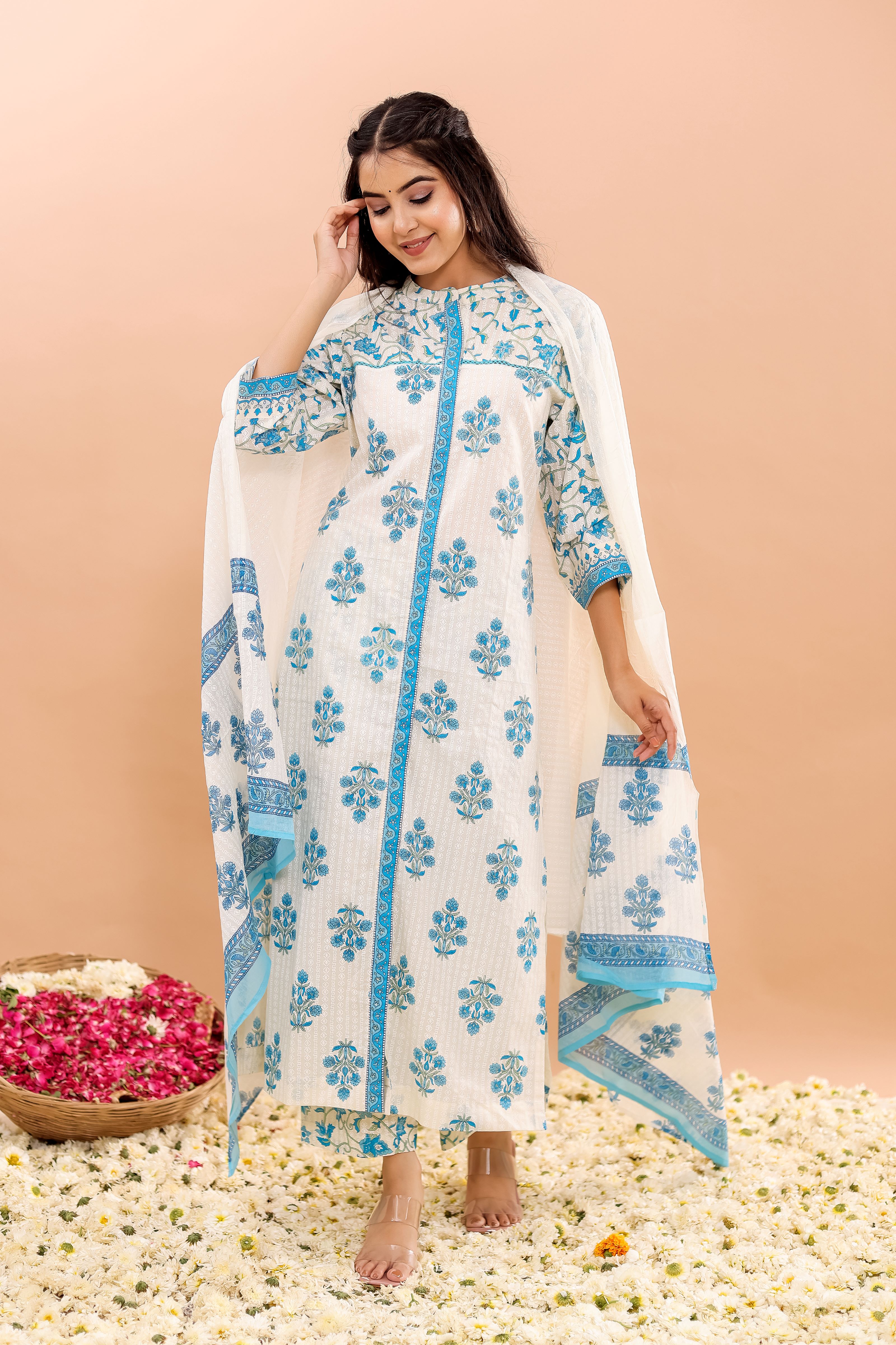 Cotton Printed Straight Kurta, Pant With Dupatta