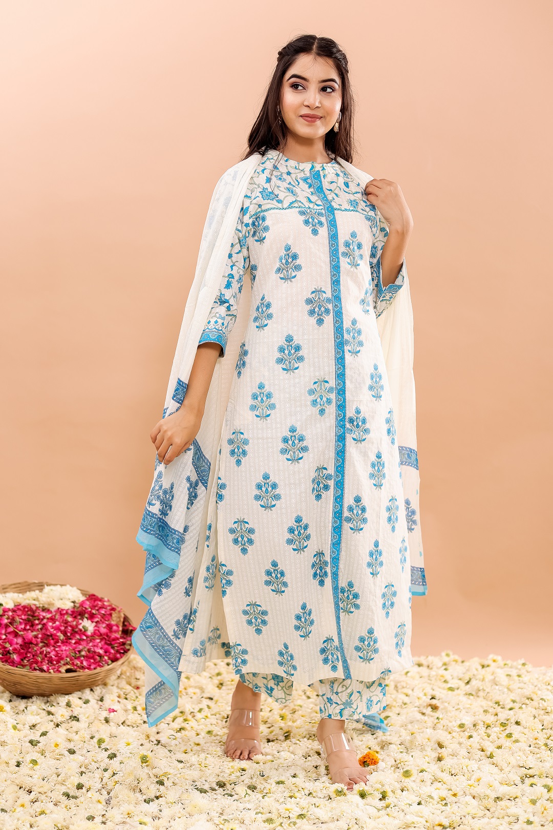 Cotton Printed Straight Kurta, Pant With Dupatta