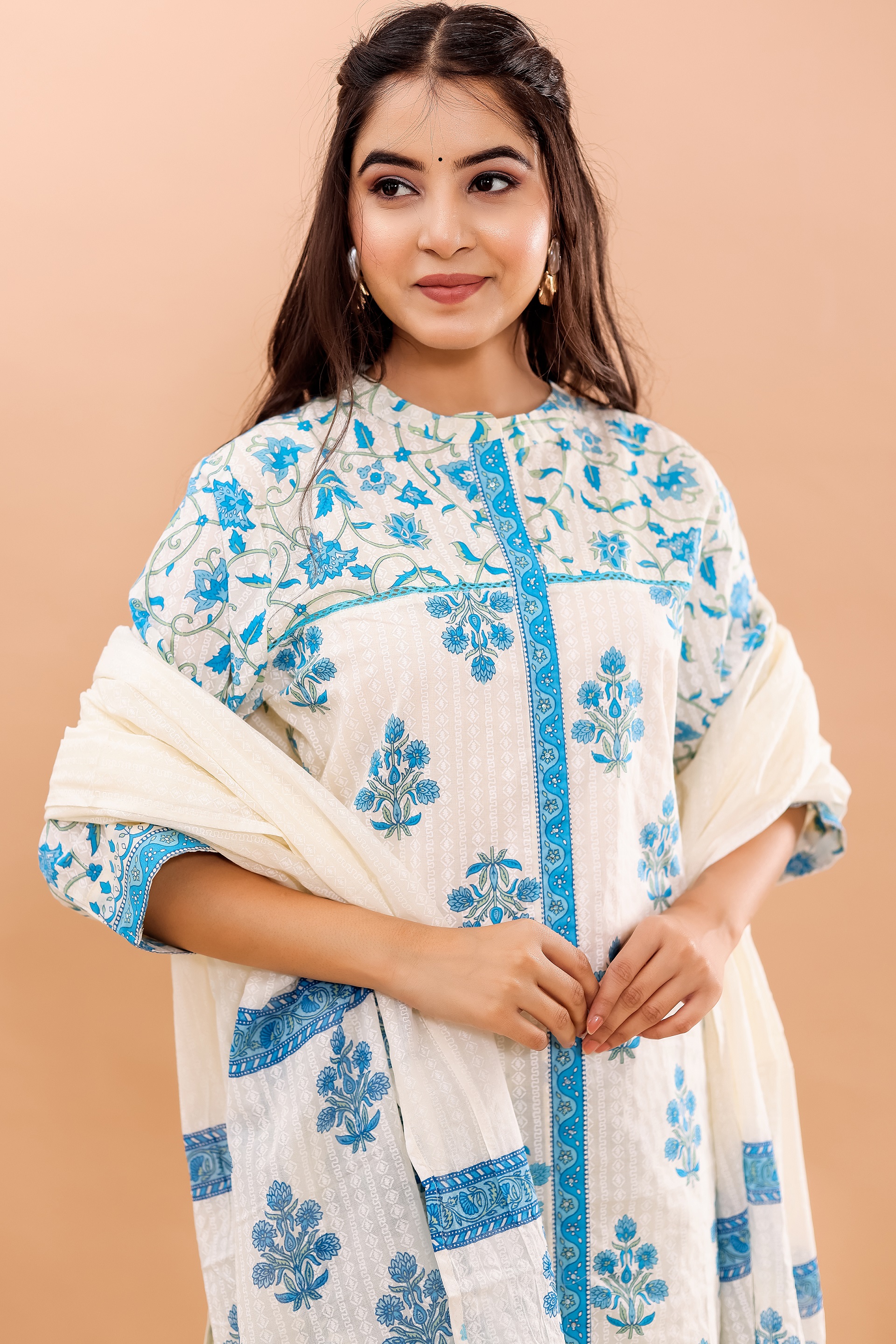 Cotton Printed Straight Kurta, Pant With Dupatta