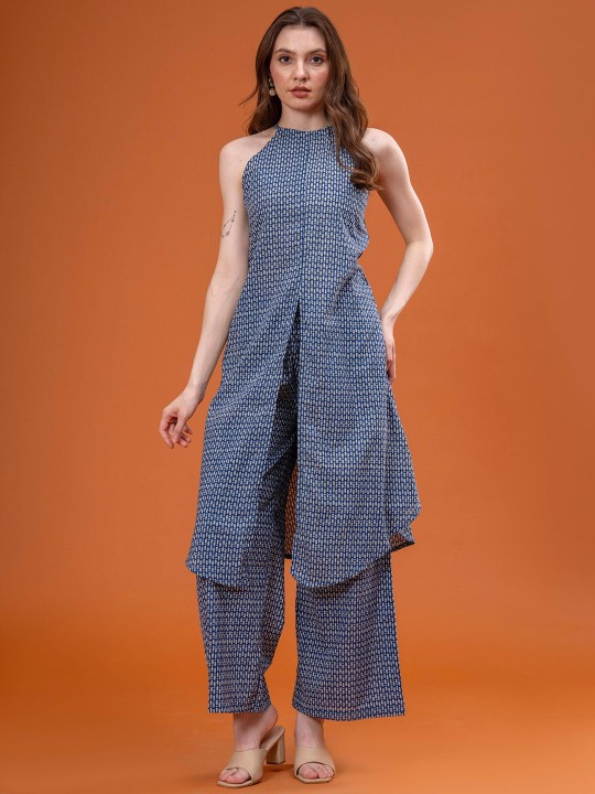 Cotton Printed Halter Neck Sleeveless Tunic With Palazzos Co-Ords