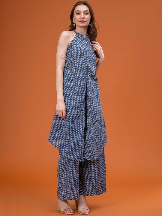 Cotton Printed Halter Neck Sleeveless Tunic With Palazzos Co-Ords Hover