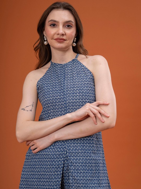 Cotton Printed Halter Neck Sleeveless Tunic With Palazzos Co-Ords