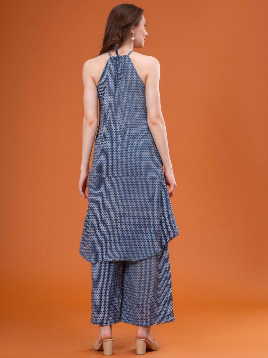 Cotton Printed Halter Neck Sleeveless Tunic With Palazzos Co-Ords