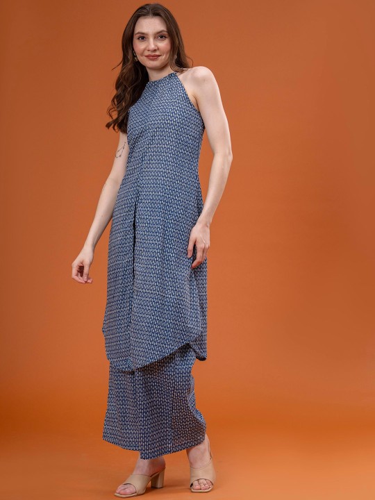 Cotton Printed Halter Neck Sleeveless Tunic With Palazzos Co-Ords