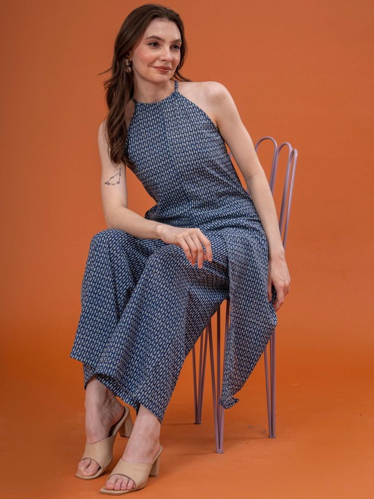 Cotton Printed Halter Neck Sleeveless Tunic With Palazzos Co-Ords