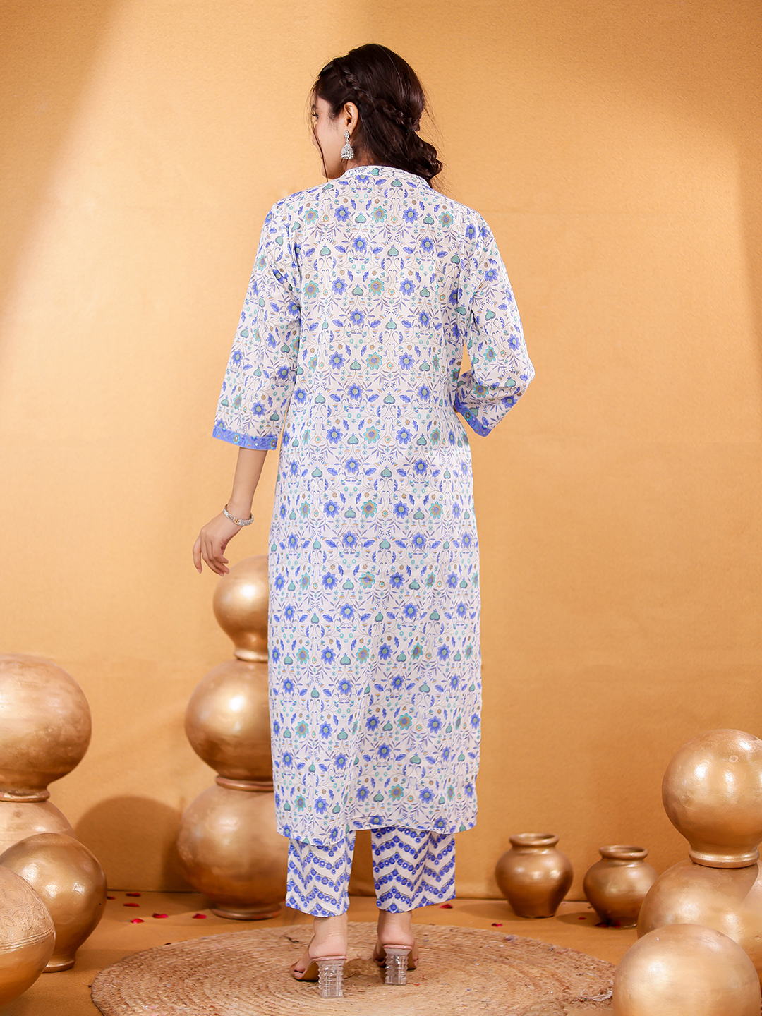 Floral Printed Mandarin Collar Pure Cotton Straight Kurta With Trousers & Dupatta Hover