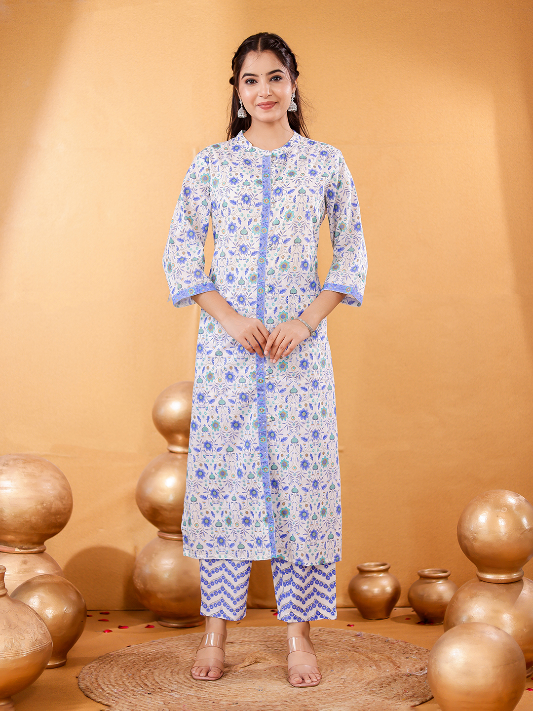 Floral Printed Mandarin Collar Pure Cotton Straight Kurta With Trousers & Dupatta