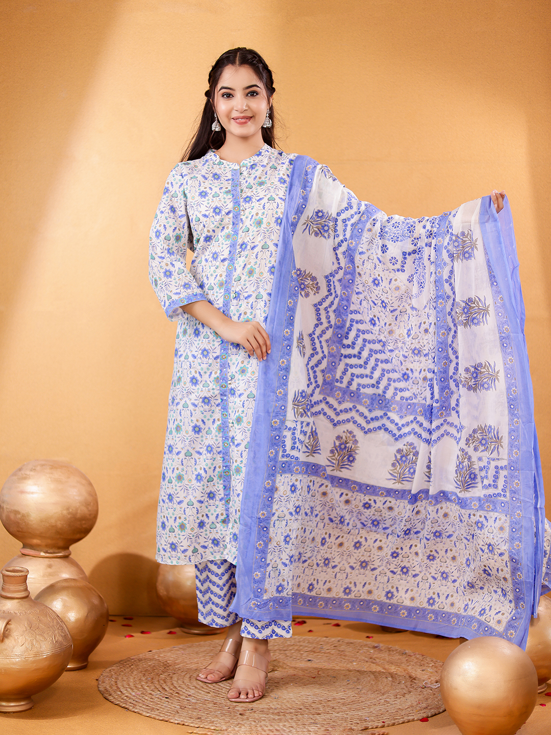 Floral Printed Mandarin Collar Pure Cotton Straight Kurta With Trousers & Dupatta