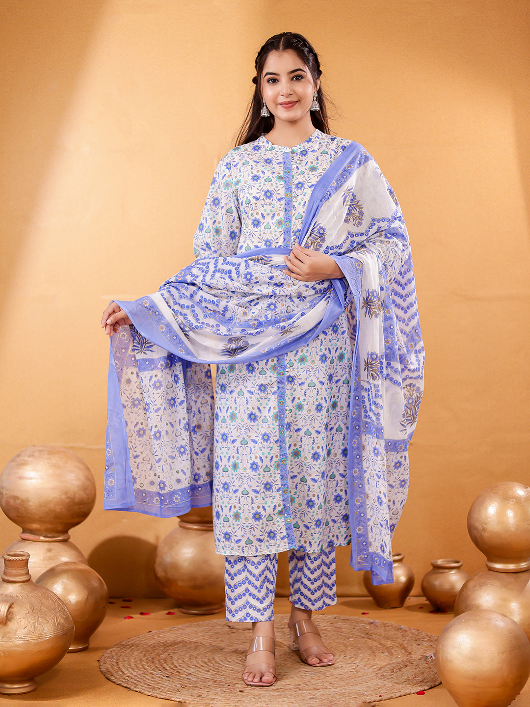 Floral Printed Mandarin Collar Pure Cotton Straight Kurta With Trousers & Dupatta