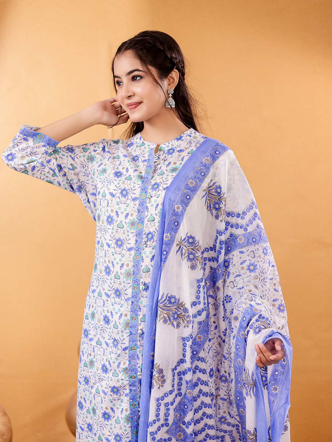 Floral Printed Mandarin Collar Pure Cotton Straight Kurta With Trousers & Dupatta