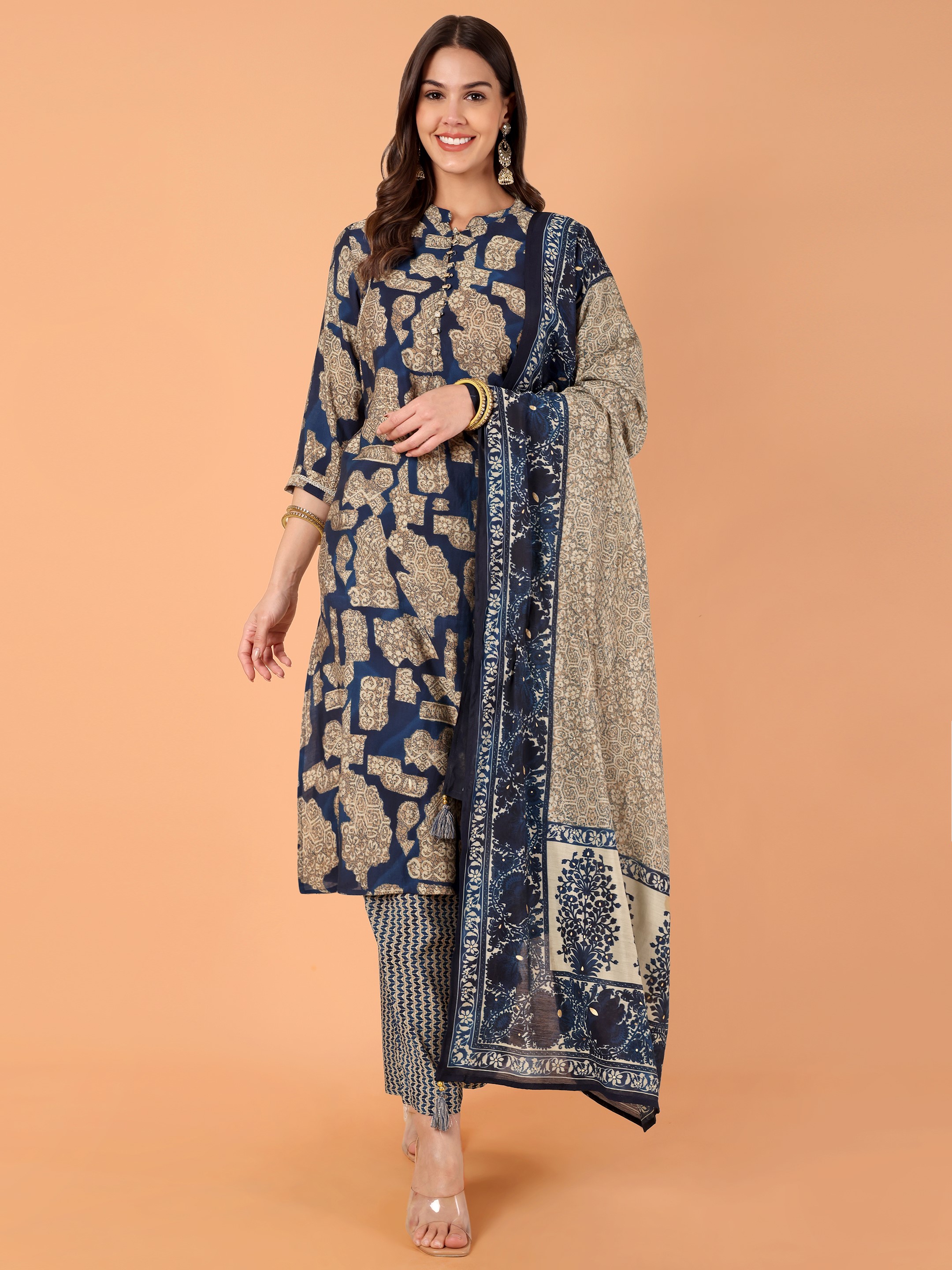 Women Printed Modal Chanderi Kurta Pant With Dupatta Set