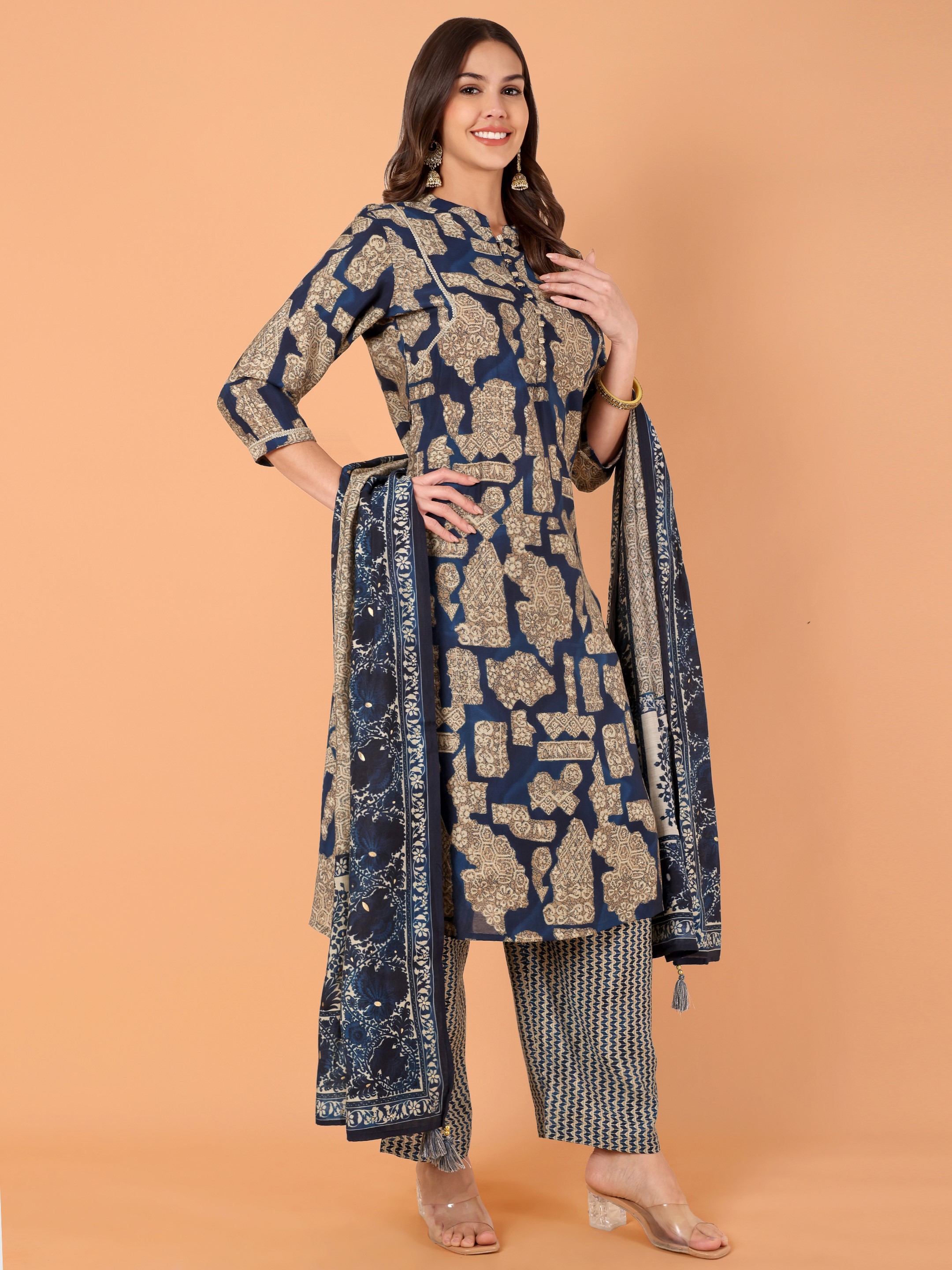 Women Printed Modal Chanderi Kurta Pant With Dupatta Set