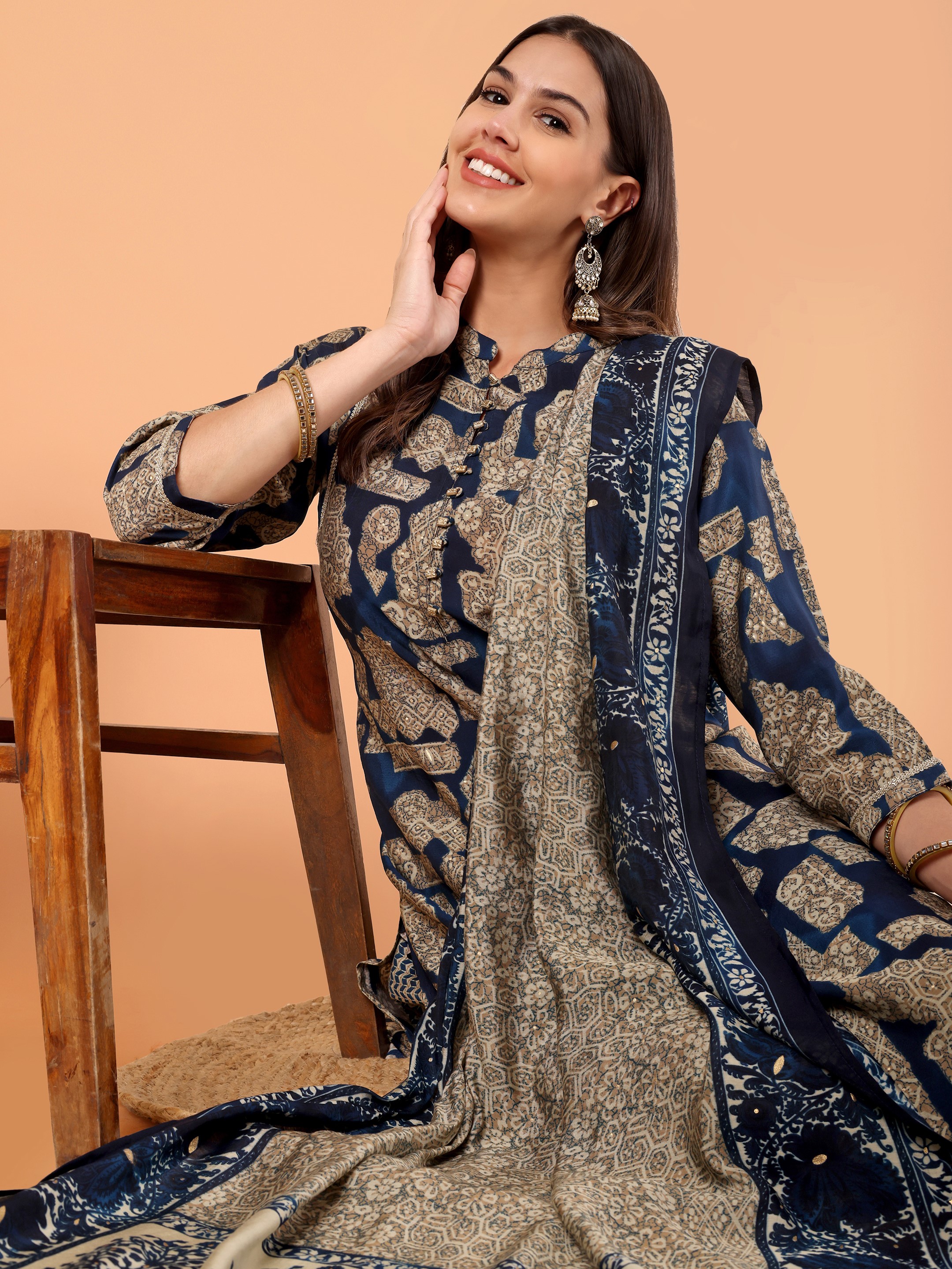 Women Printed Modal Chanderi Kurta Pant With Dupatta Set