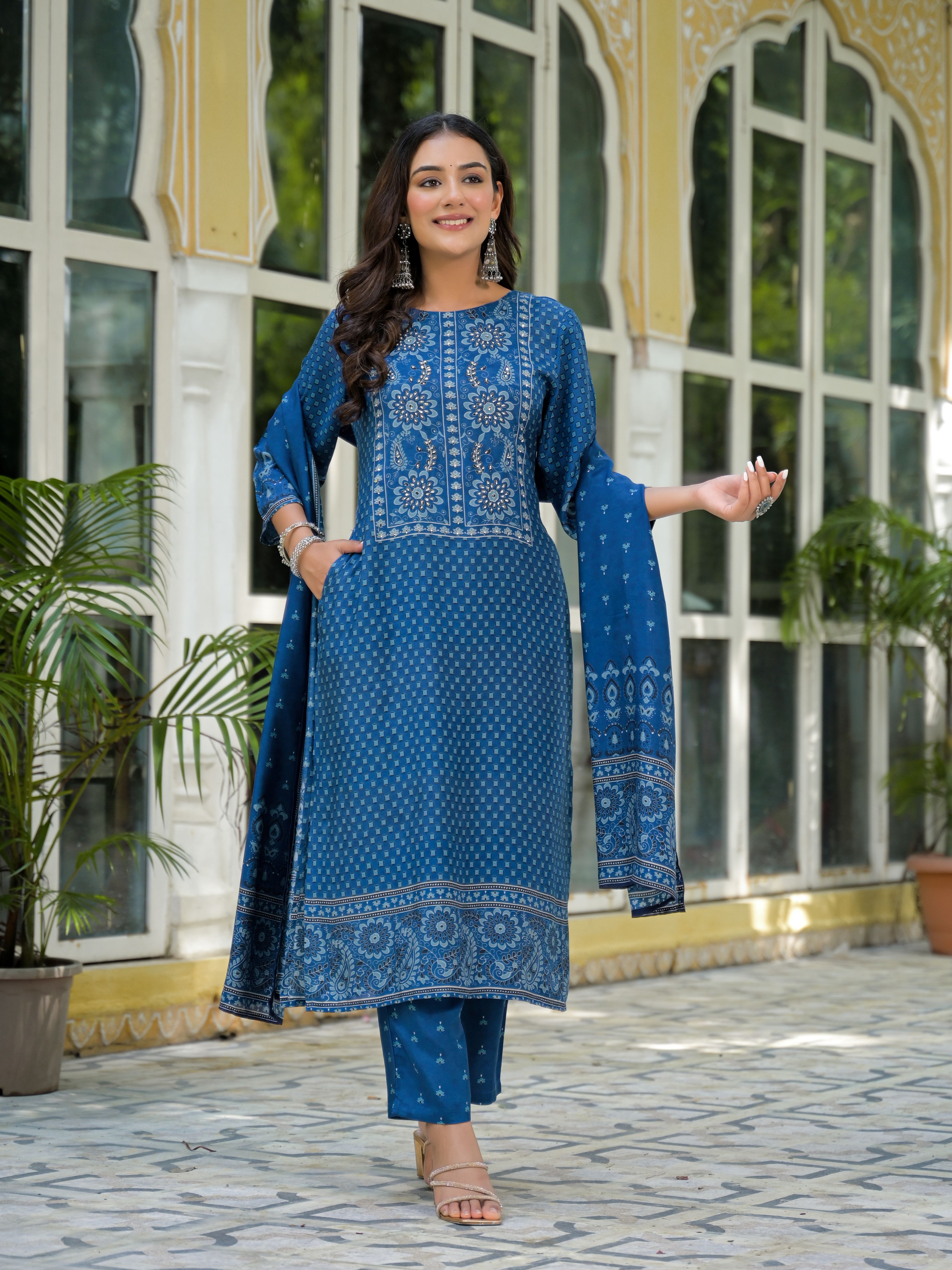 Ethnic Motifs Printed Round Neck Beads & Stones Work Muslin Kurta With Trousers & Dupatta