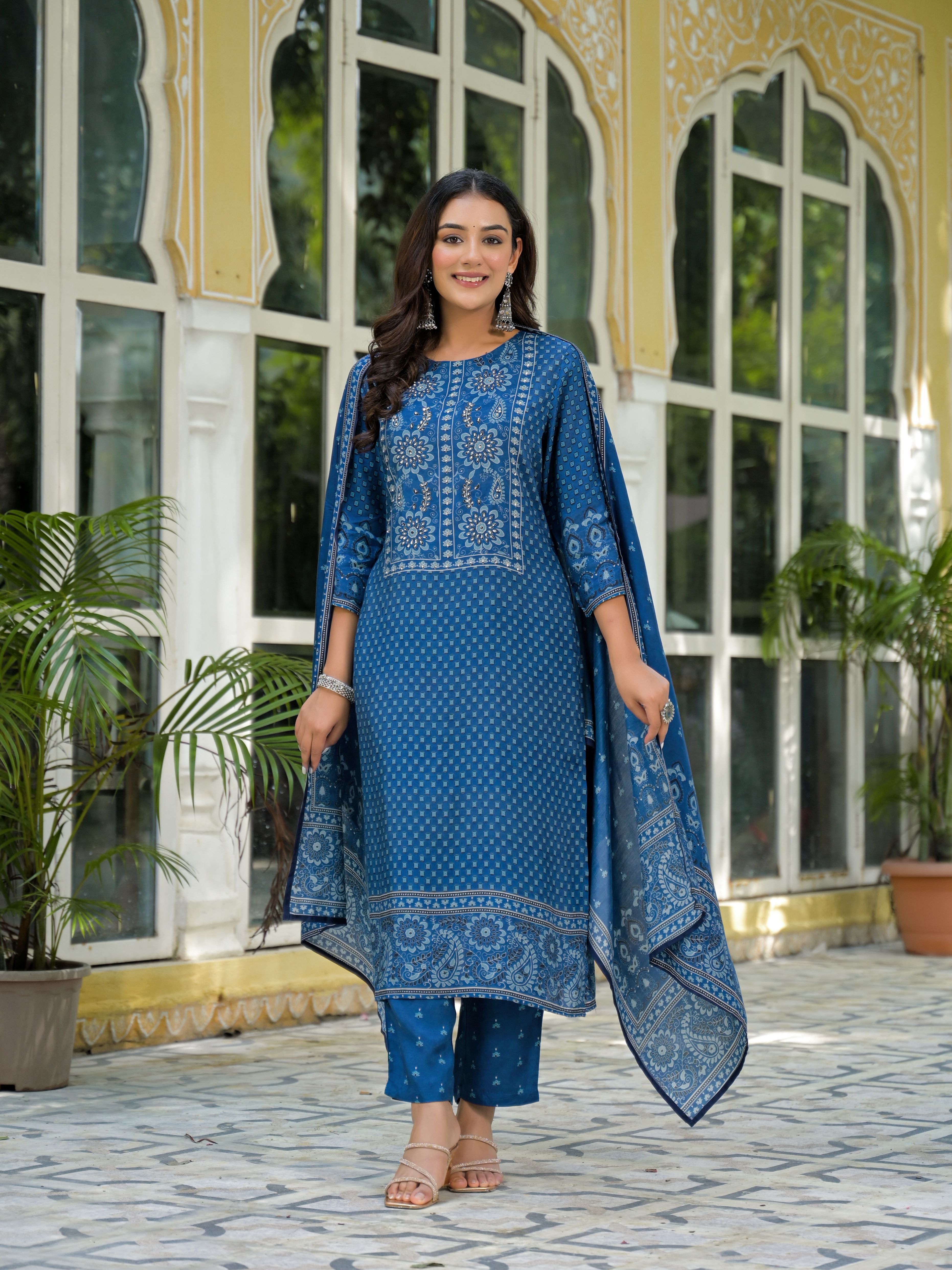 Ethnic Motifs Printed Round Neck Beads & Stones Work Muslin Kurta With Trousers & Dupatta