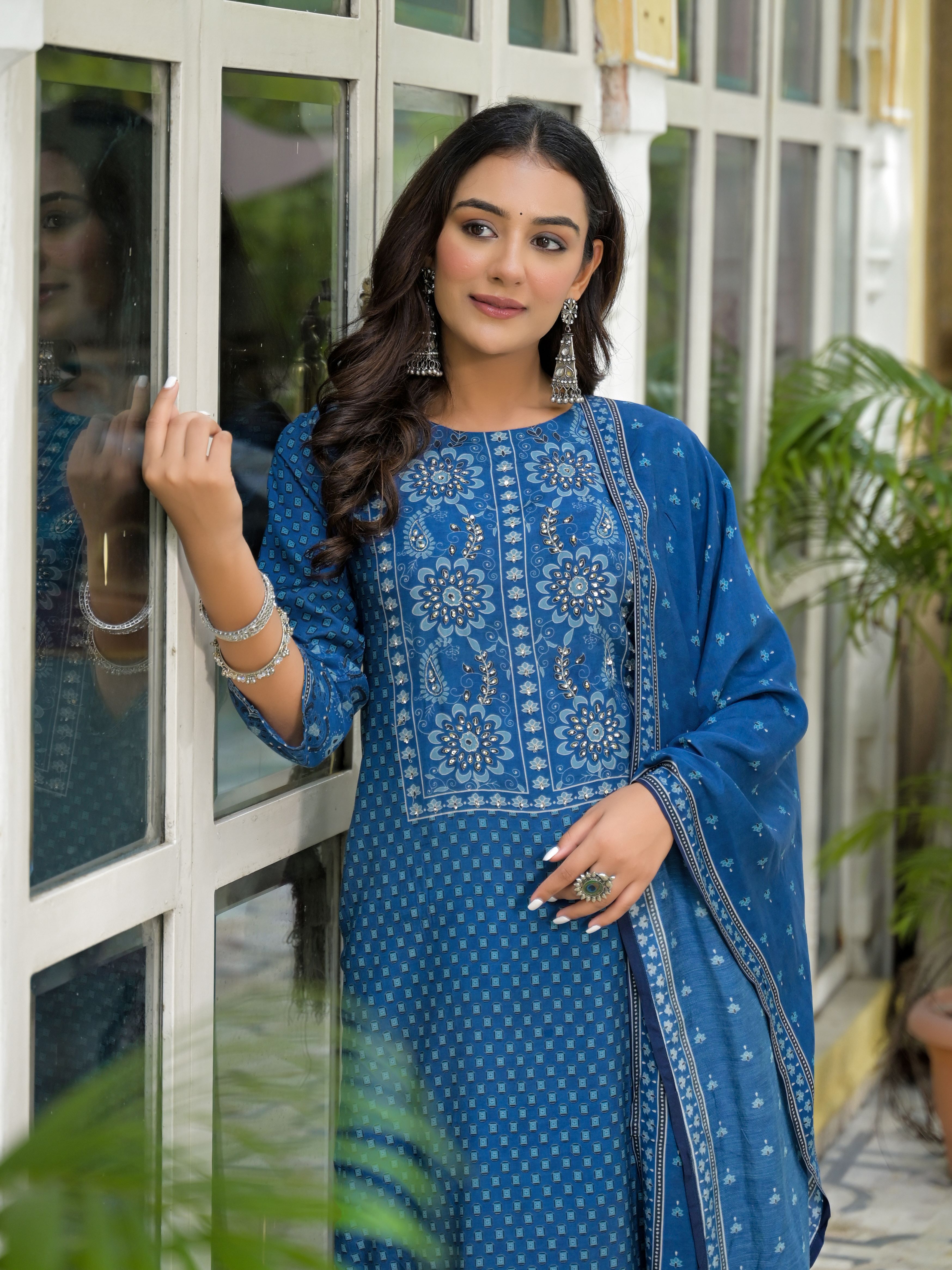 Ethnic Motifs Printed Round Neck Beads & Stones Work Muslin Kurta With Trousers & Dupatta