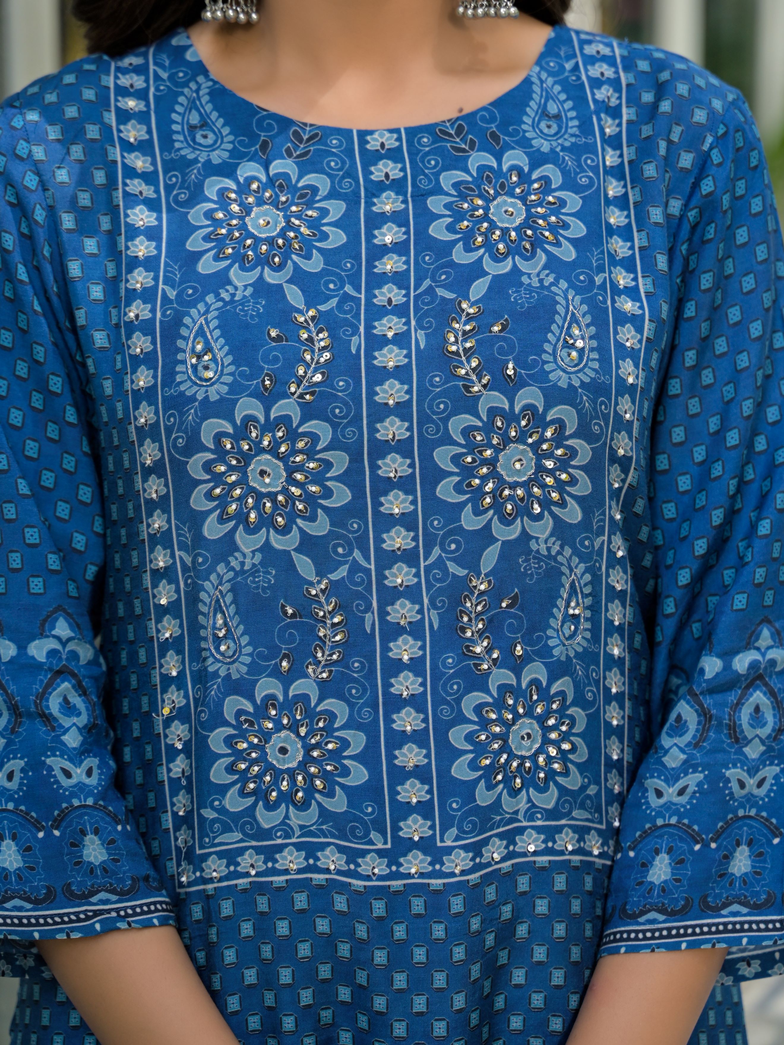 Ethnic Motifs Printed Round Neck Beads & Stones Work Muslin Kurta With Trousers & Dupatta