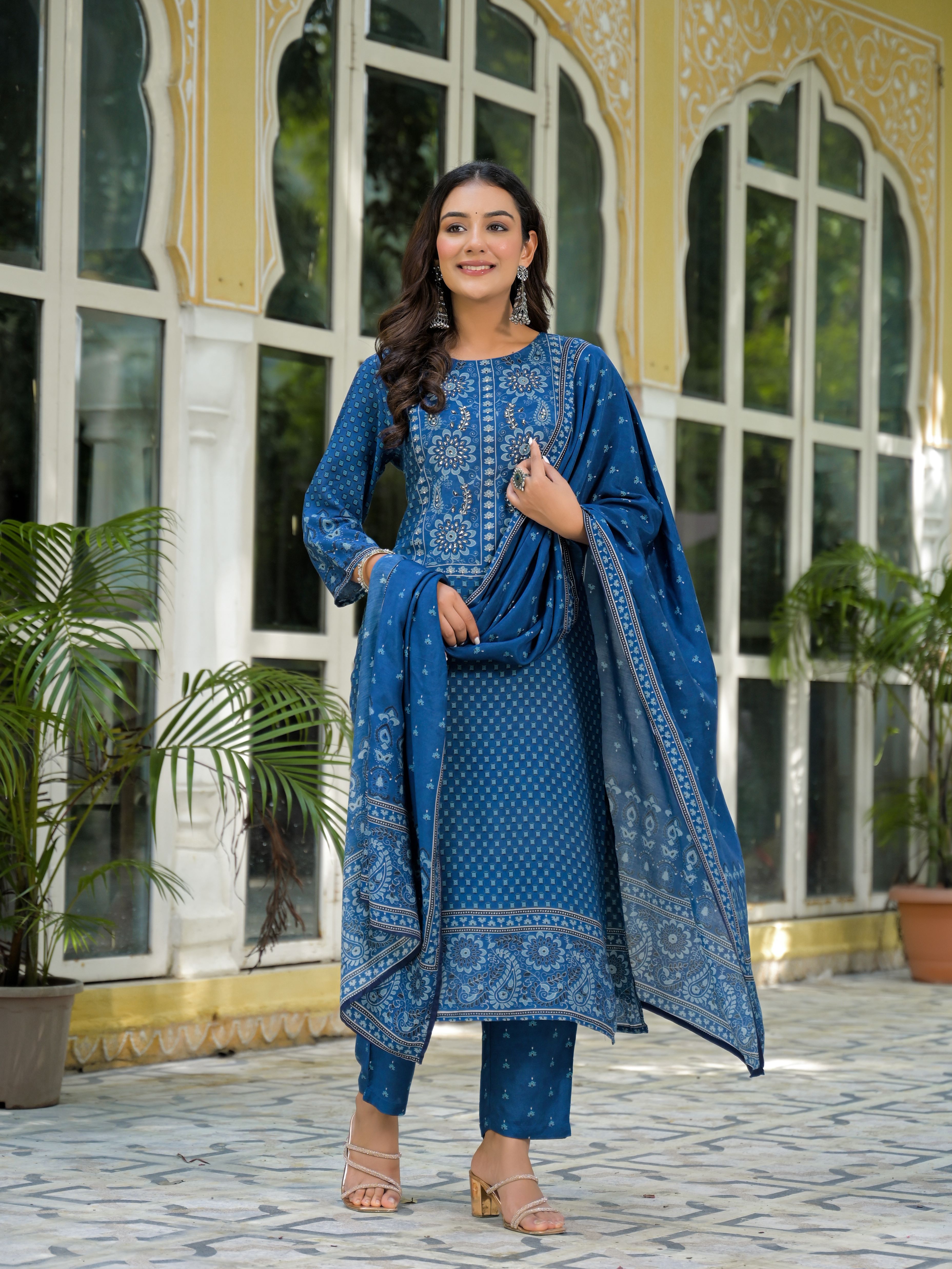Ethnic Motifs Printed Round Neck Beads & Stones Work Muslin Kurta With Trousers & Dupatta