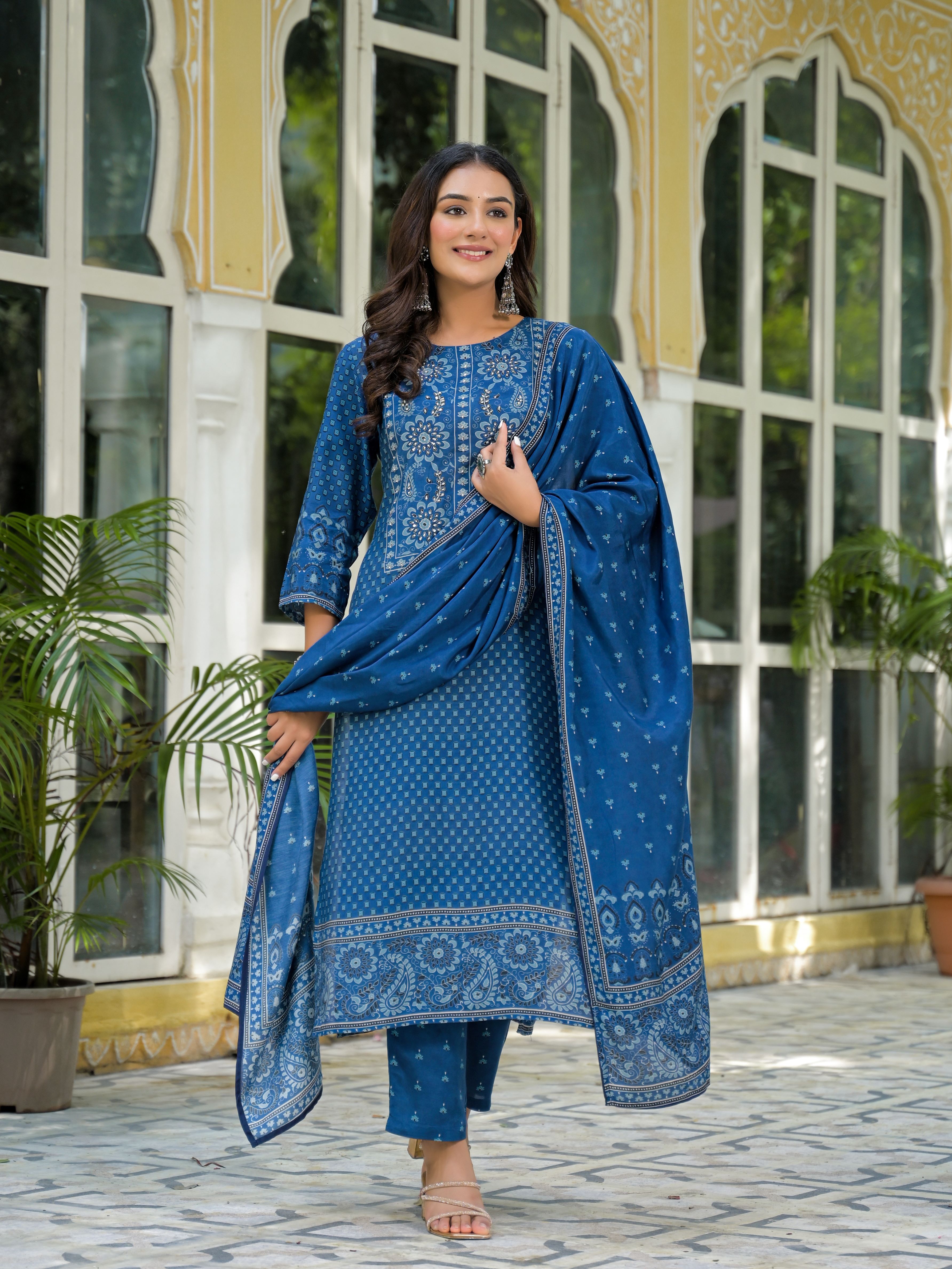 Ethnic Motifs Printed Round Neck Beads & Stones Work Muslin Kurta With Trousers & Dupatta