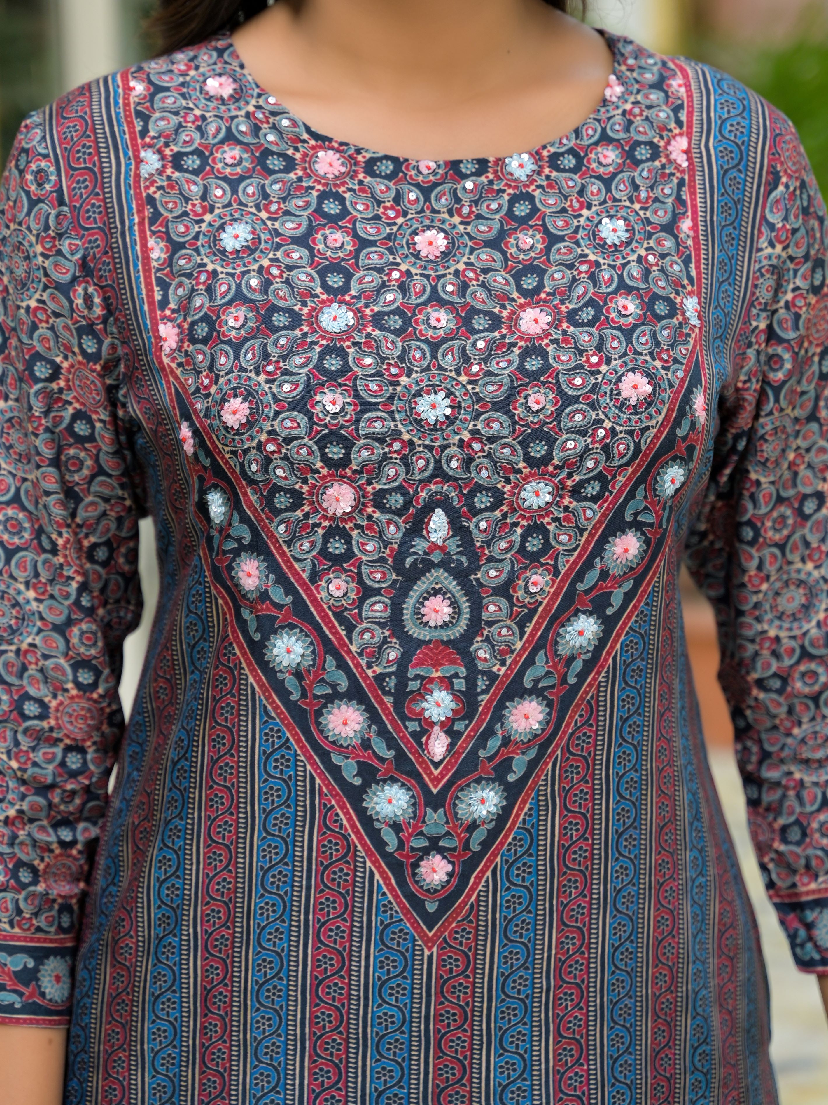 Ethnic Motifs Printed Round Neck Beads & Stones Muslin Kurta With Trousers & Dupatta