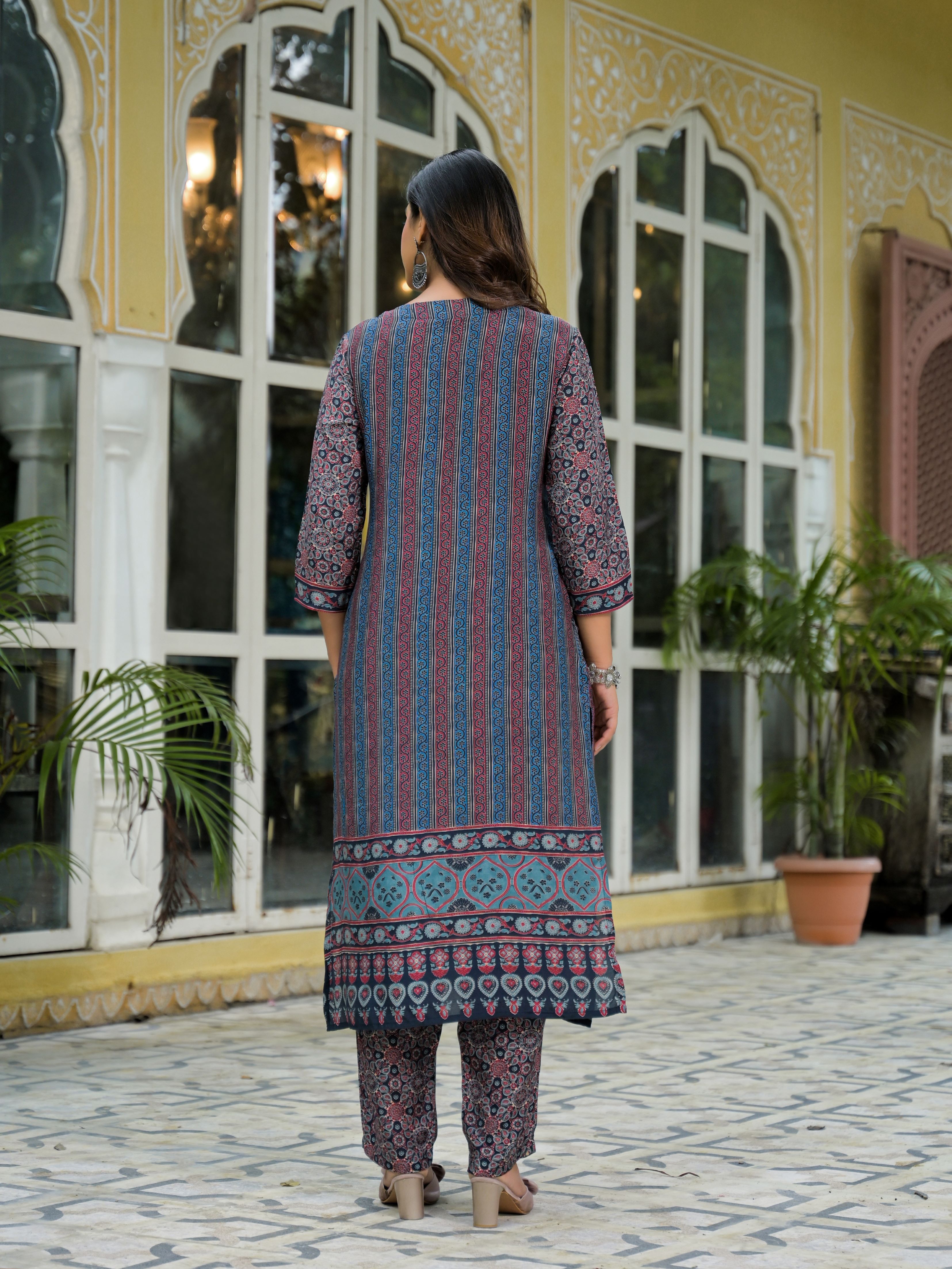 Ethnic Motifs Printed Round Neck Beads & Stones Muslin Kurta With Trousers & Dupatta