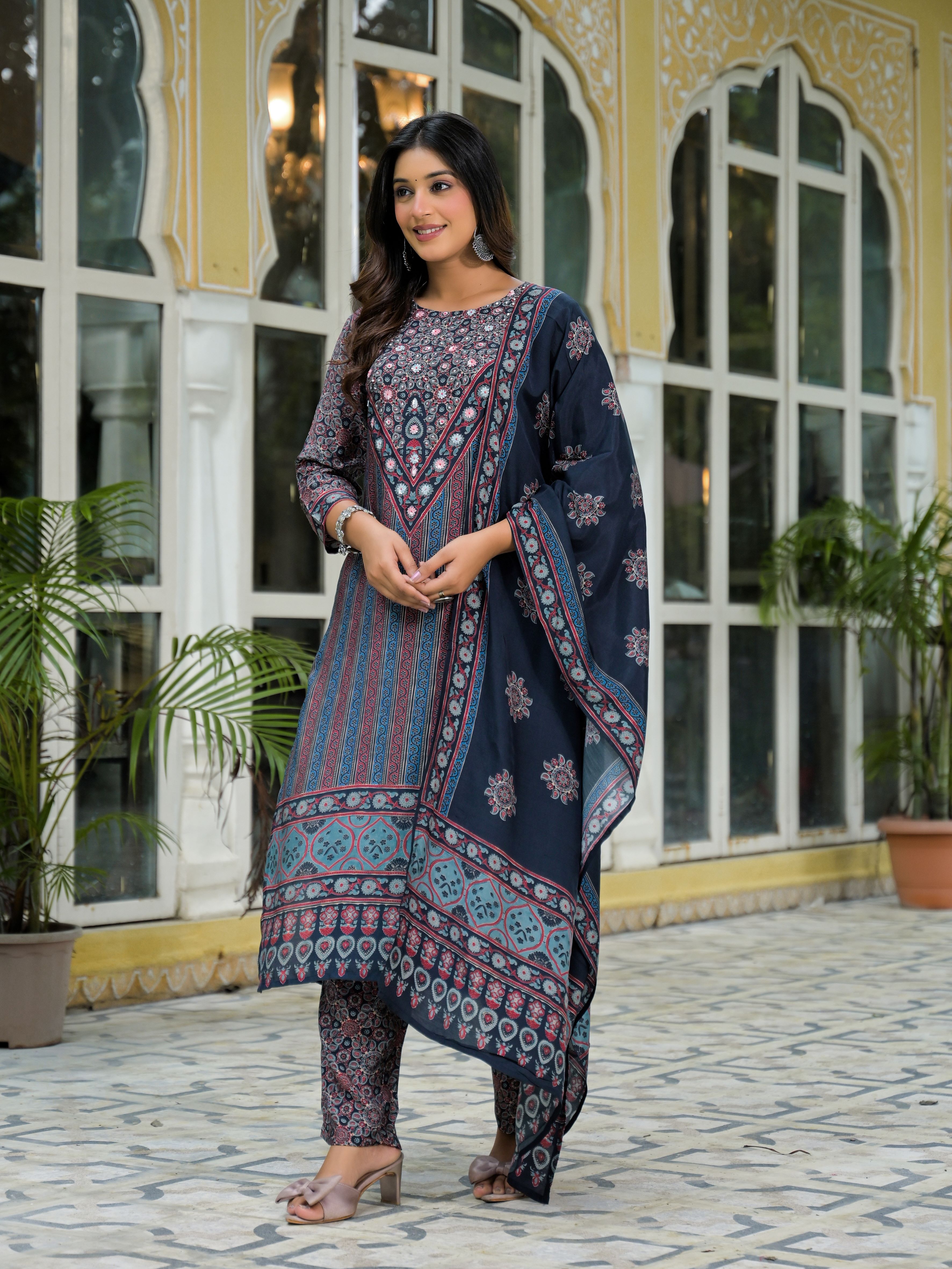 Ethnic Motifs Printed Round Neck Beads & Stones Muslin Kurta With Trousers & Dupatta
