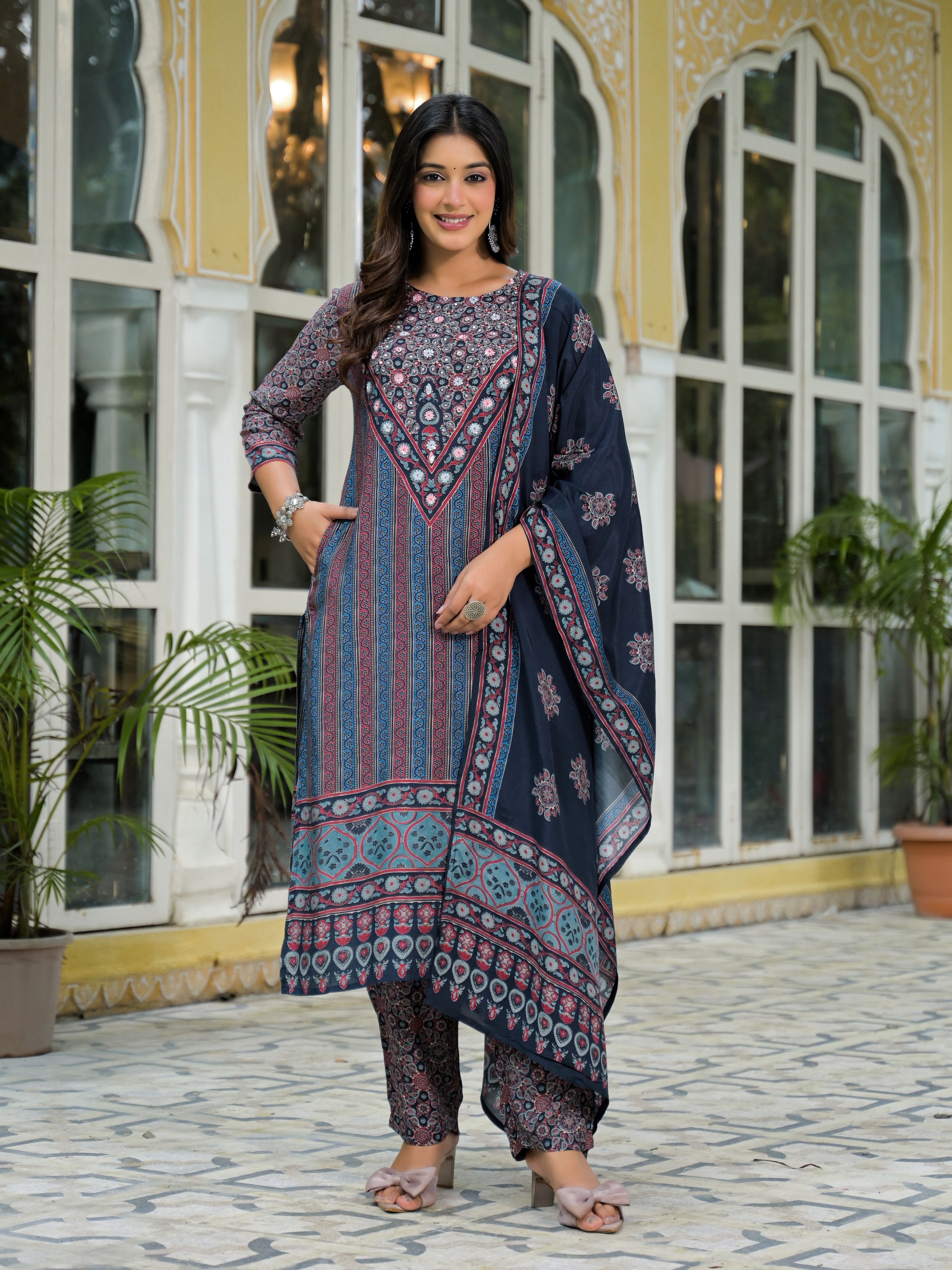 Ethnic Motifs Printed Round Neck Beads & Stones Muslin Kurta With Trousers & Dupatta