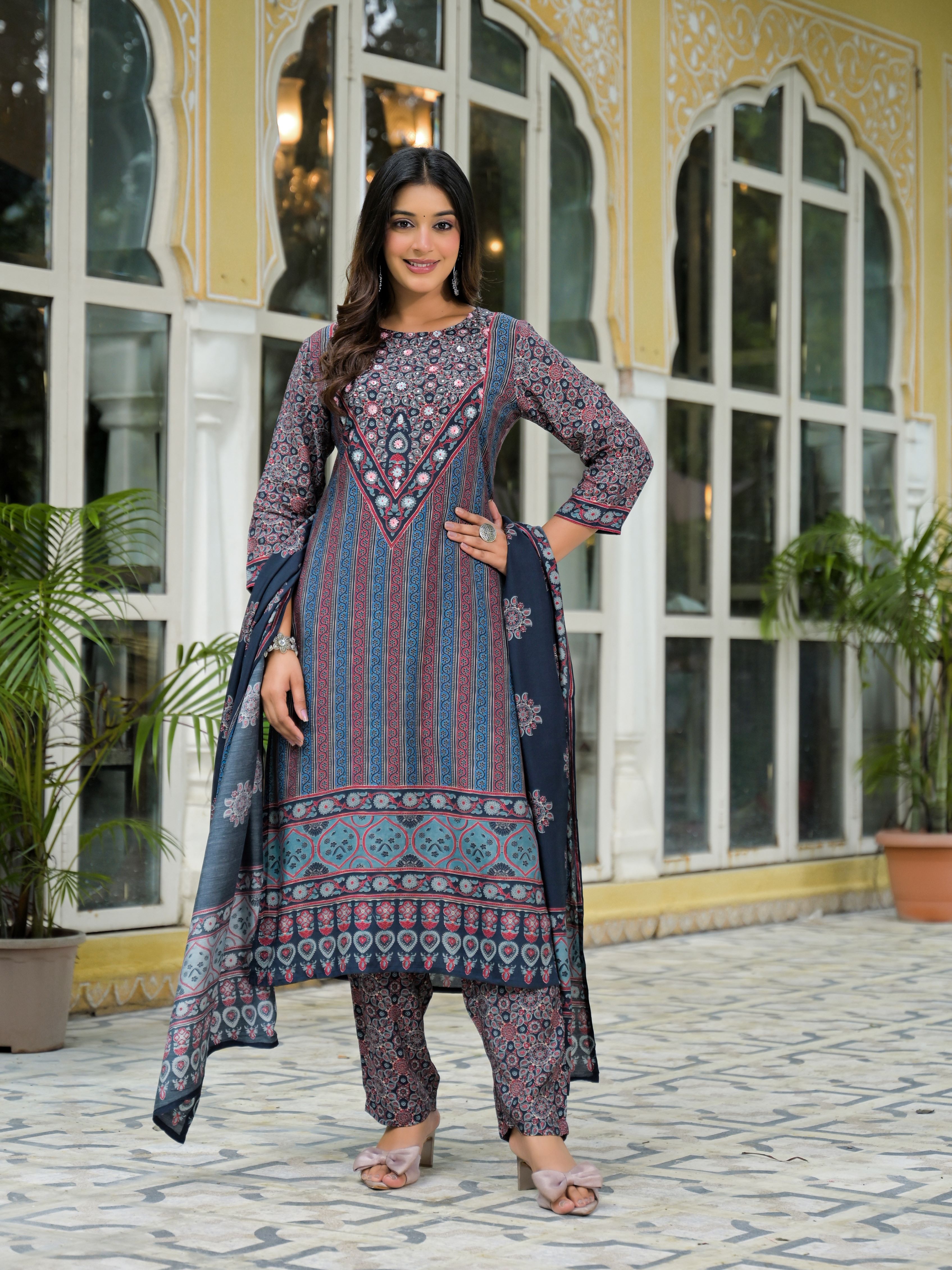 Ethnic Motifs Printed Round Neck Beads & Stones Muslin Kurta With Trousers & Dupatta